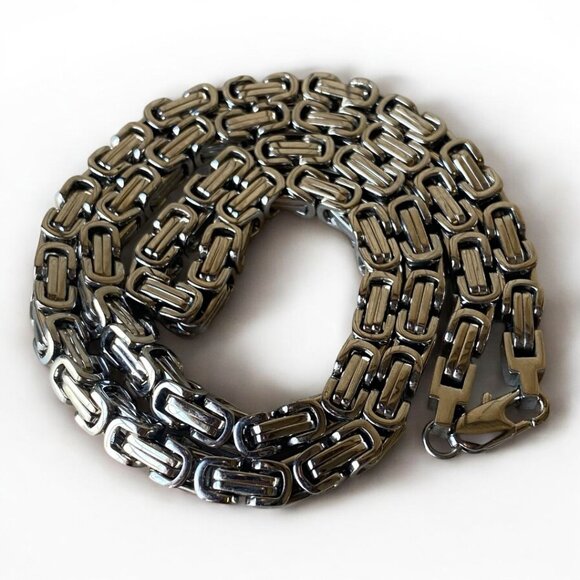 Zales mens stainless steel 22" byzantine chain necklace silver tone viking